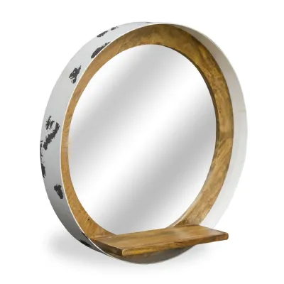 Distressed White Recycled Drum Round Mirror with Mango Wood Shelf