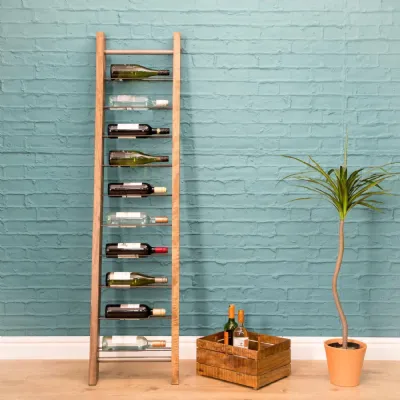 Natural Mango Wood and Steel Freestanding Ladder Style 9 Bottle Wine Rack