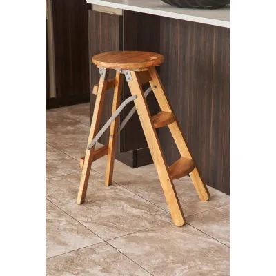 Natural Mango Wood Folding Step Ladder Bar Stool Gunmetal Steel