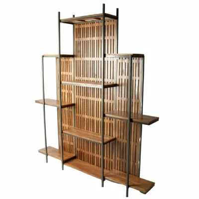 Industrial Style Natural Mango Wood Folding Room Divider with Shelves