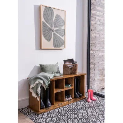 Brown Natural Wood Boot Hallway Bench with Open Storage