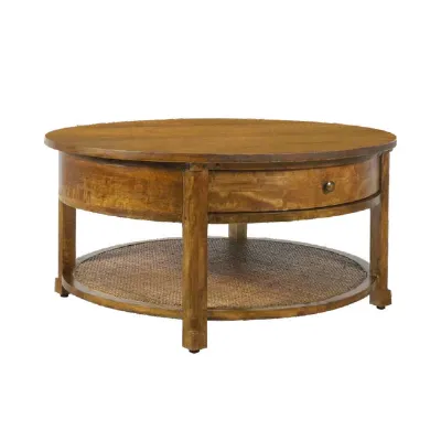 Rustic Mango Wood Round Coffee Table with Drawer and Shelf