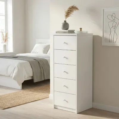 Matt White Wooden Narrow Chest of 5 Drawers