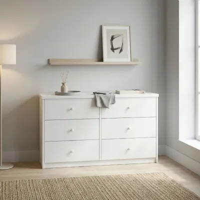 White Wood Wide Midi Chest of 6 Drawers