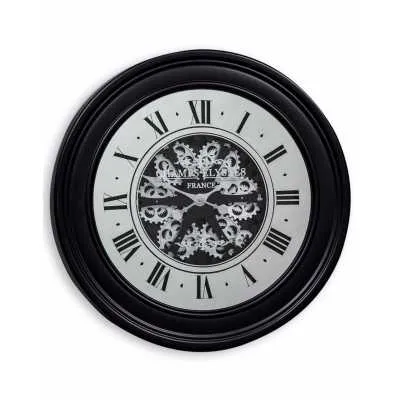 Black Mirrored Face Round Moving Gears Wall Clock