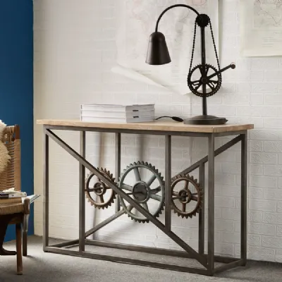Reclaimed Wood Top Console Table Wheel Design Metal Base