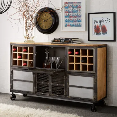 Natural Hardwood and Metal Large Bar Cabinet with Castors