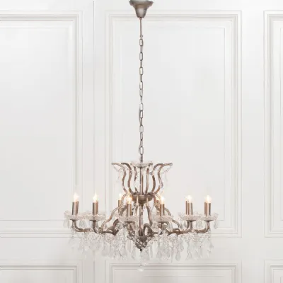 Antiqued Silver Glass Chandelier with 12 Branch Cut Detail