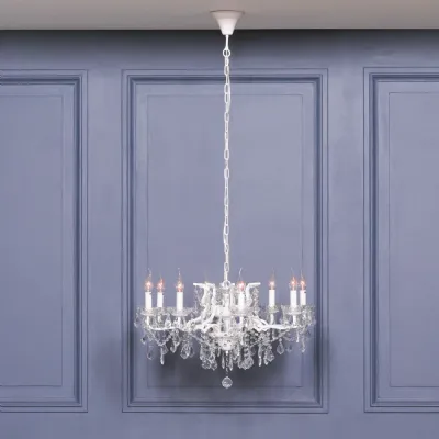 French White Glass Shallow Chandelier 8 Branch Droplets