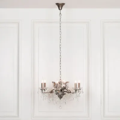 Antique Silver 6 Branch Shallow Cut Glass Chandelier