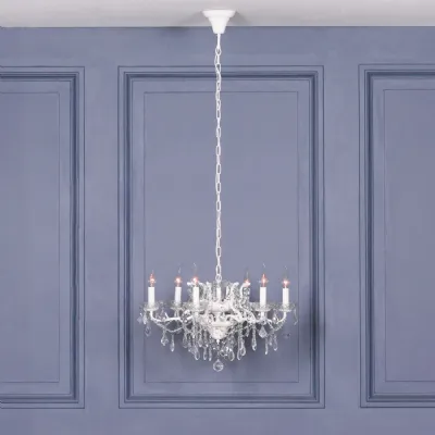 White 6 Branch Shallow Cut Glass Chandelier