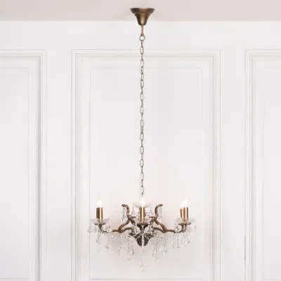 Antique Gold 6 Branch Shallow Cut Glass Chandelier