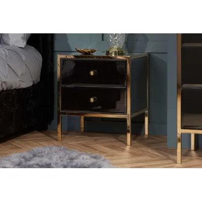 Black and Gold Glass 2 Drawer Bedside