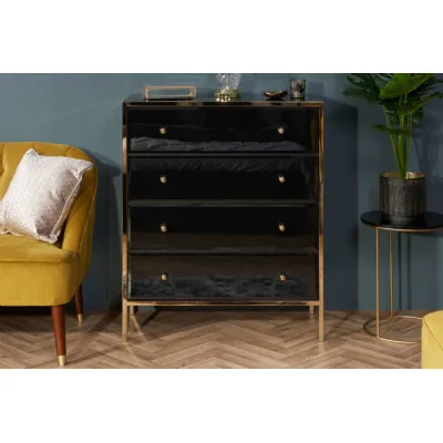 Black Glass Chest of 4 Drawers with Gold Framed