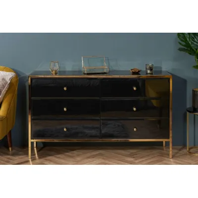 Black Glass Wide Chest of 6 Drawers Gold Framed