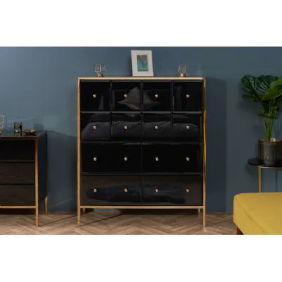 Black Glass Merchant Chest of 12 Drawers Gold Framed