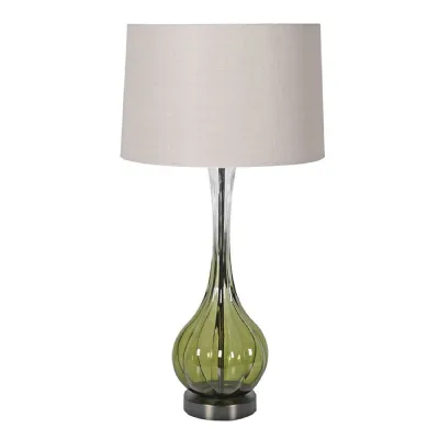Faded Green Glass Table Lamp with Linen Shade
