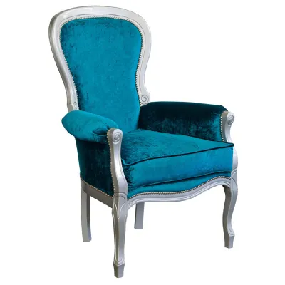 Boutique Blue Velvet Lounge Chair Silver Wood Finish Bespoke