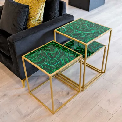 Malachite Acrylic Top Nest of 3 Side Tables Gold Metal Frame
