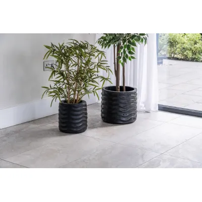 Set of 2 Modern Black Textured Composite Wave Pots