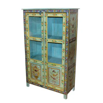 Hand Painted Floral Detailing Solid Wood 2 Door Cabinet with Glass Panels