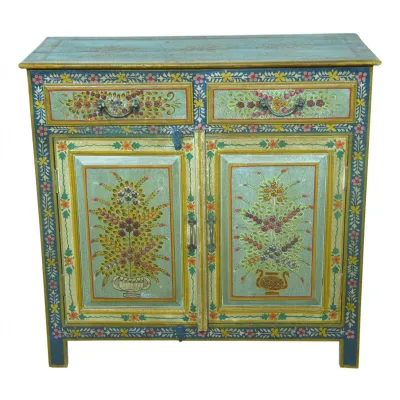 Traditional Hand Painted Blue Floral Motif 2 Door 2 Drawer Cabinet