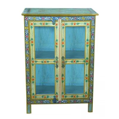Blue Hand Painted 2 Door Cabinet with Floral Detailing and Glass Panels