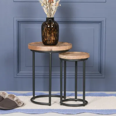 Iron Framed Nested Side Occasional Tables with Wooden Top