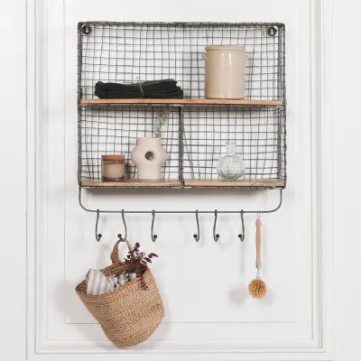 Wire 3 Compartment Wall Shelf with Wood Shelves and Hooks