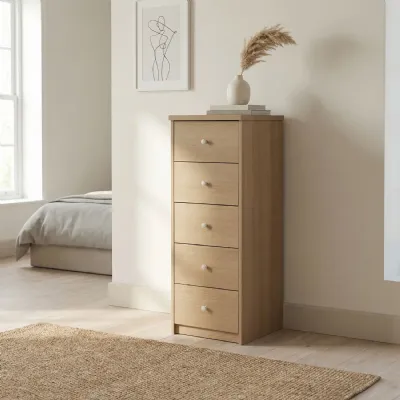 Natural Wood Narrow Chest of 5 Drawers