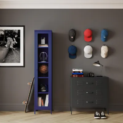 Blue Steel Tall Slim Narrow Display Cabinet with Glass Door