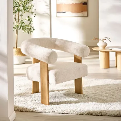 Freya White Boucle Upholstered Accent Chair With Solid Wood Legs