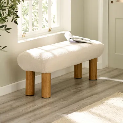 Freya White Boucle Upholstered Low Bench With Solid Wood Legs