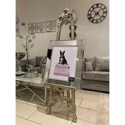 Black Dog Sitting On Pink Books Stack Wall Art Mirror Frame
