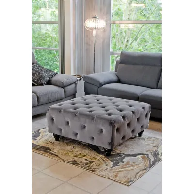 Grey Velvet Buttoned Square Ottoman Footstool Wooden Legs