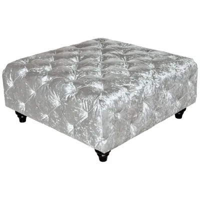 Silver Fabric Buttoned Square Ottoman Footstool Wooden Legs