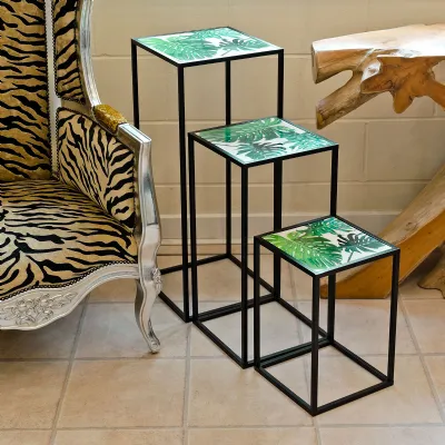 Green Acrylic Leaf Top Nest of 3 Tables Black Metal Frame