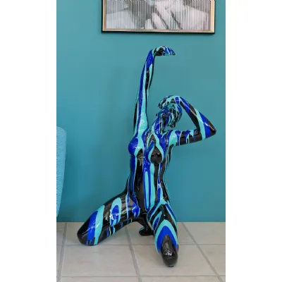 Black and Blue Striped Large Yoga Lady Sculpture