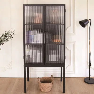 Corrugated Glass Paneled 2 Door Display Cabinet Metal Frame