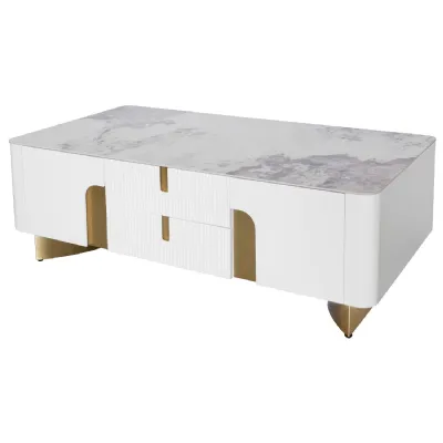 White Marble Top 4 Door 4 Drawer Coffee Table Gold Feet