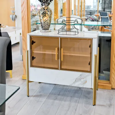White Marble Effect Small Storage Cabinet Gold Framed