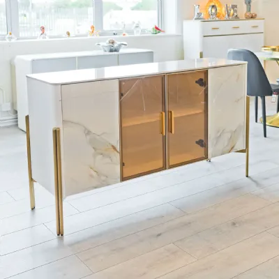 White Marble Effect Top 4 Door Wide Sideboard Gold Legs