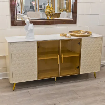 Cream Marble Effect Top 4 Door Wide Sideboard Gold Feet