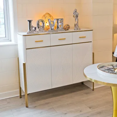 White Marble Effect 3 Door 3 Drawer Shoe Cabinet Gold Legs