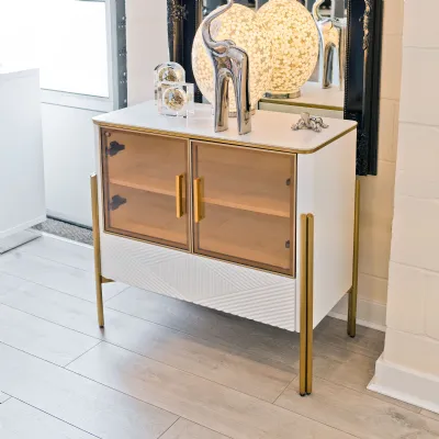 White Marble Effect 2 Door 1 Drawer Small Cabinet Gold Legs