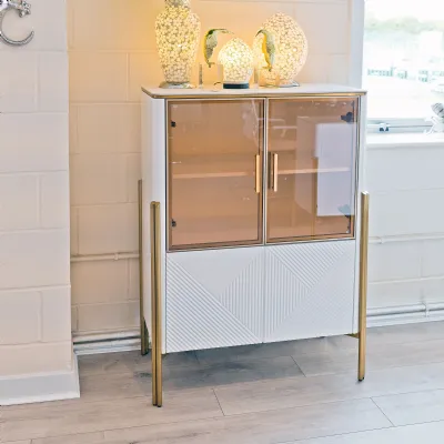 White Marble Effect 4 Door LED Storage Cabinet Gold Frame