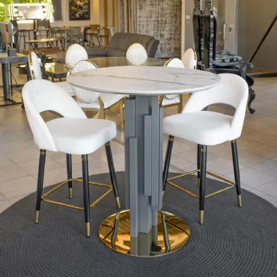 White Marble Effect Top Round Bar Table Grey Column Base