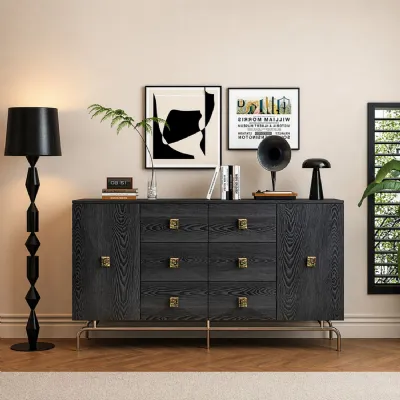 Black Oak 2 Door 6 Drawer Wide Sideboard Chrome Base
