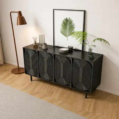 Black Wood Contour Panel Design 4 Door Wide Sideboard