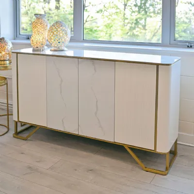 White Marble Top 4 Door Fluted Wide Sideboard Gold Trimmed